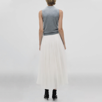 Zipper Fly Beige Pleated Casual Fashion Women's Calf Length A-Line Skirt - Image 3