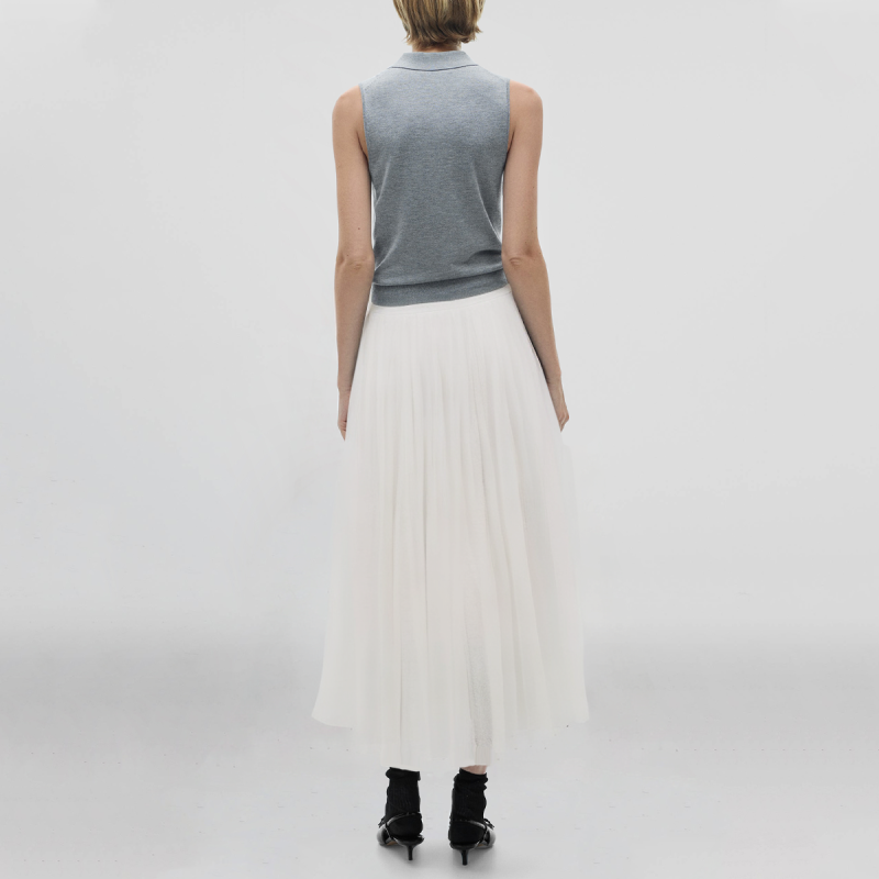 Zipper Fly Beige Pleated Casual Fashion Women's Calf Length A-Line Skirt - Image 2