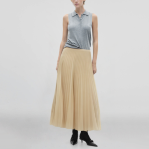 Beige Zipper Fly Pleated Casual Fashion Women's Calf Length A-Line Skirt