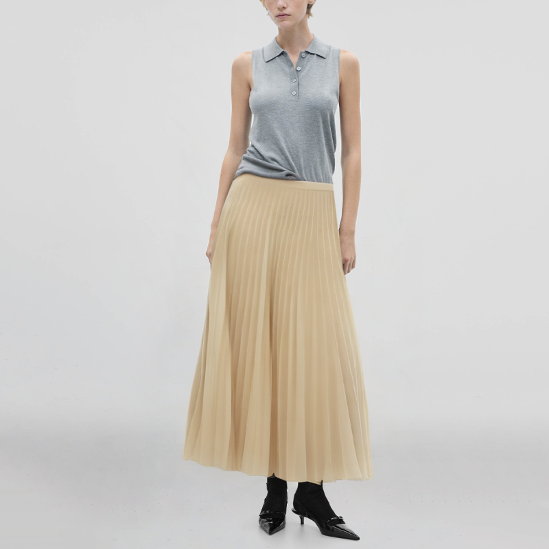 Beige Zipper Fly Pleated Casual Fashion Women's Calf Length A-Line Skirt