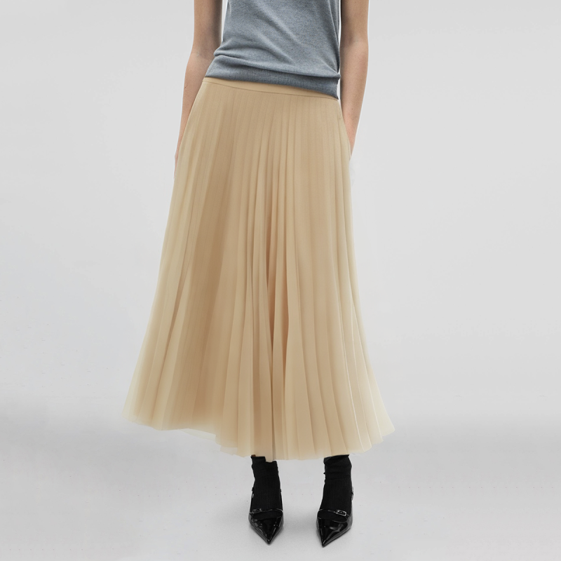 Beige Zipper Fly Pleated Casual Fashion Women's Calf Length A-Line Skirt - Image 4