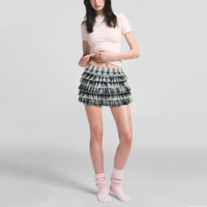 Plaid Print Elastic Waist Cotton A-Line Mini Skirt Women Casual Short Skirt