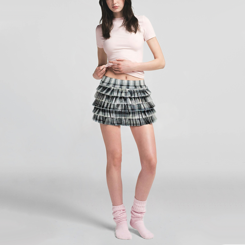 Plaid Print Elastic Waist Cotton A-Line Mini Skirt Women Casual Short Skirt