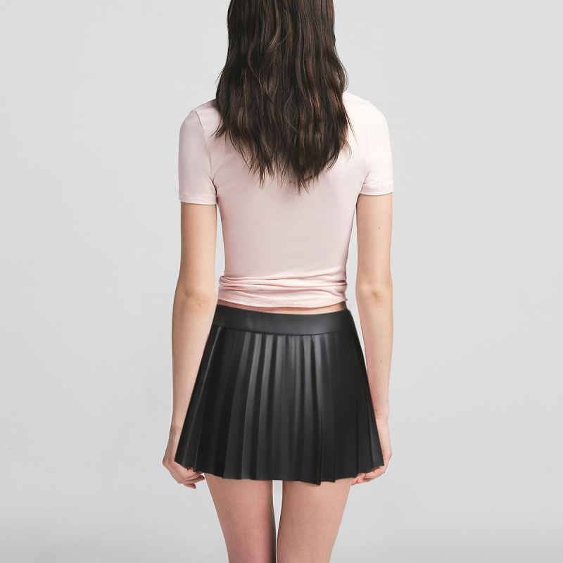 Black PU Leather Zipper Pleated Mini Skirt Women's Casual Fashion Short Skirt - Image 2