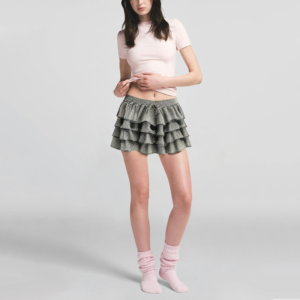 Black and white plaid print elastic waist skirt