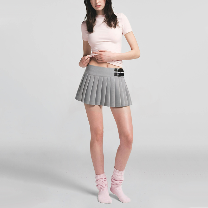 Grey plaid print side button pleated skirt