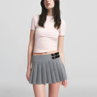 Grey plaid print side button pleated skirt - Image 5