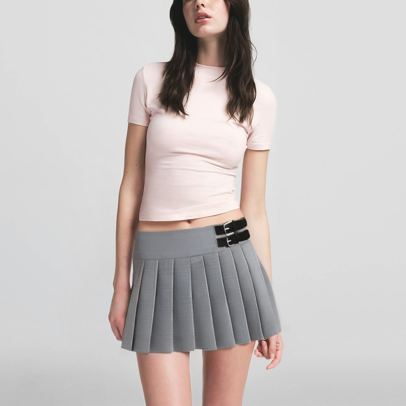 Grey plaid print side button pleated skirt - Image 4