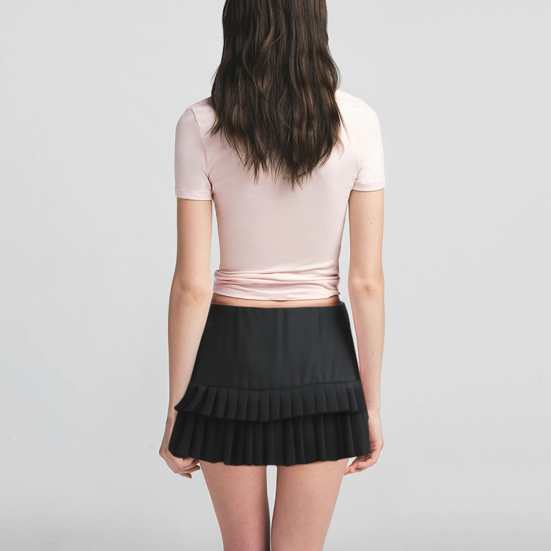 Black Zipper Pleated Mini Skirt Women's Casual A-Line Skirt - Image 2