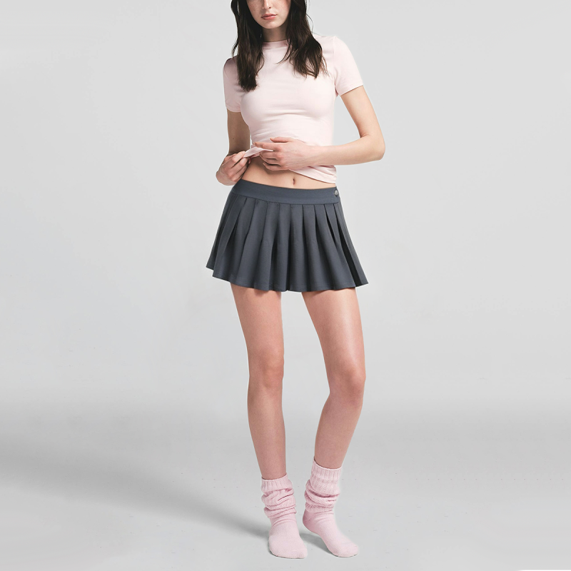 Grey side button hot sale ladies casual fashion mini pleated skirt