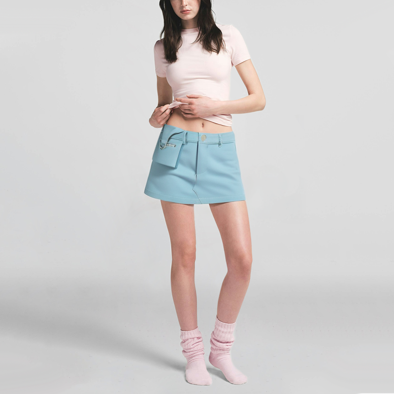 Light blue zipper fly casual fashion mini skirt for women