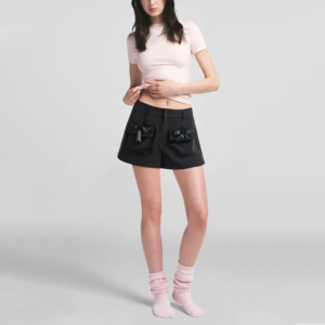 Front Tie Pocket Black Zipper Fly Casual Women's Shorts