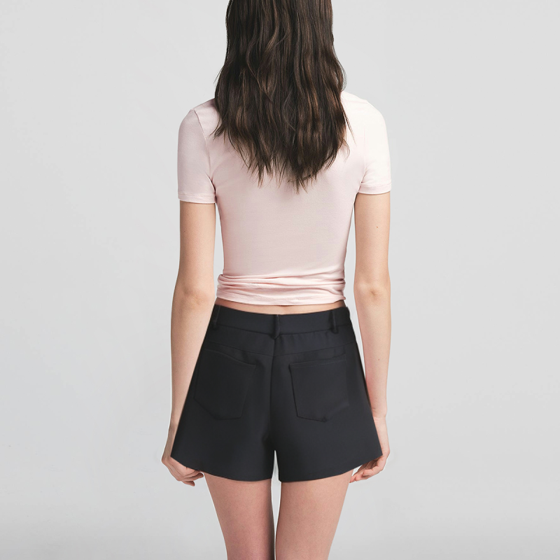 Front Tie Pocket Black Zipper Fly Casual Women's Shorts - Image 2