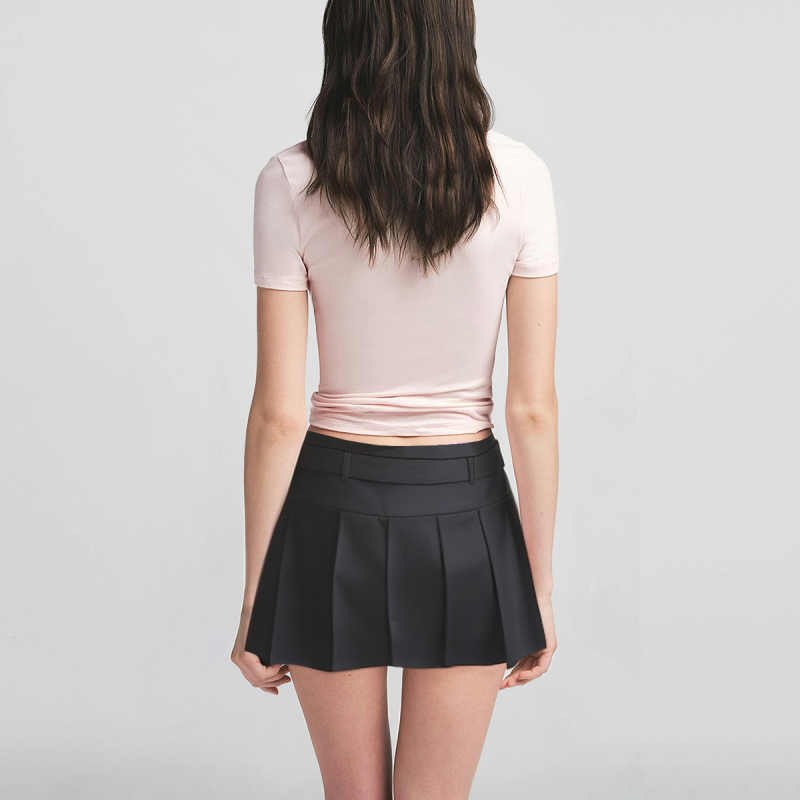 Black Belt Zipper Fly Casual Fashion Pleated Skirt Women Shorts - Image 2
