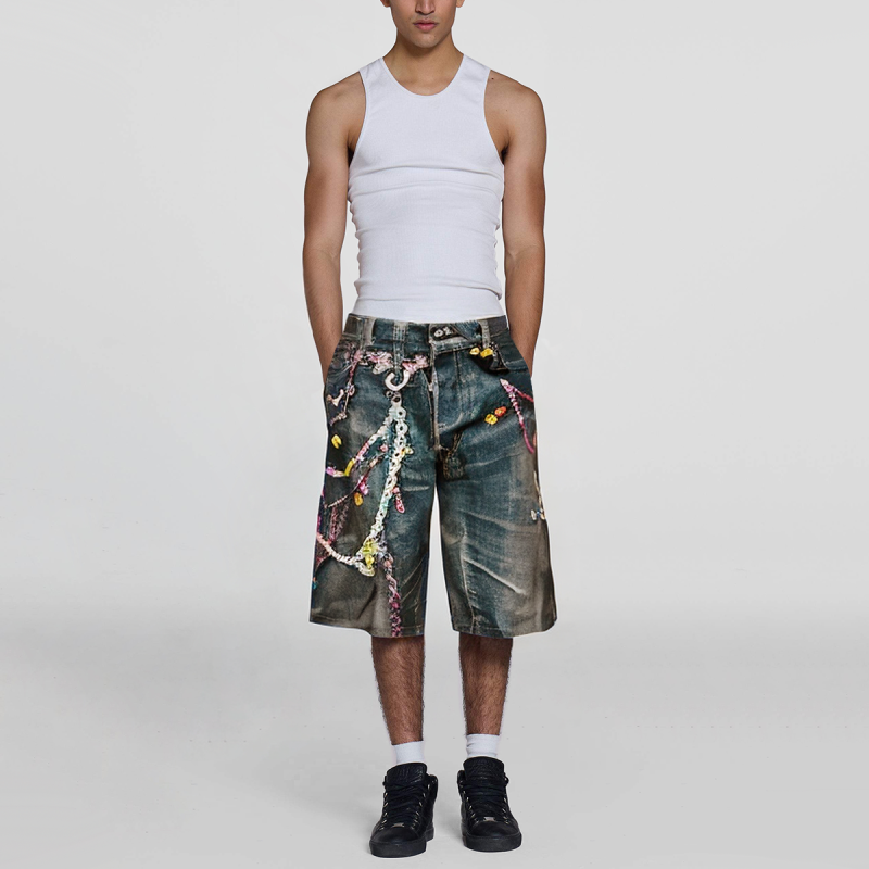 Digital Printed Loose Men's Denim Shorts