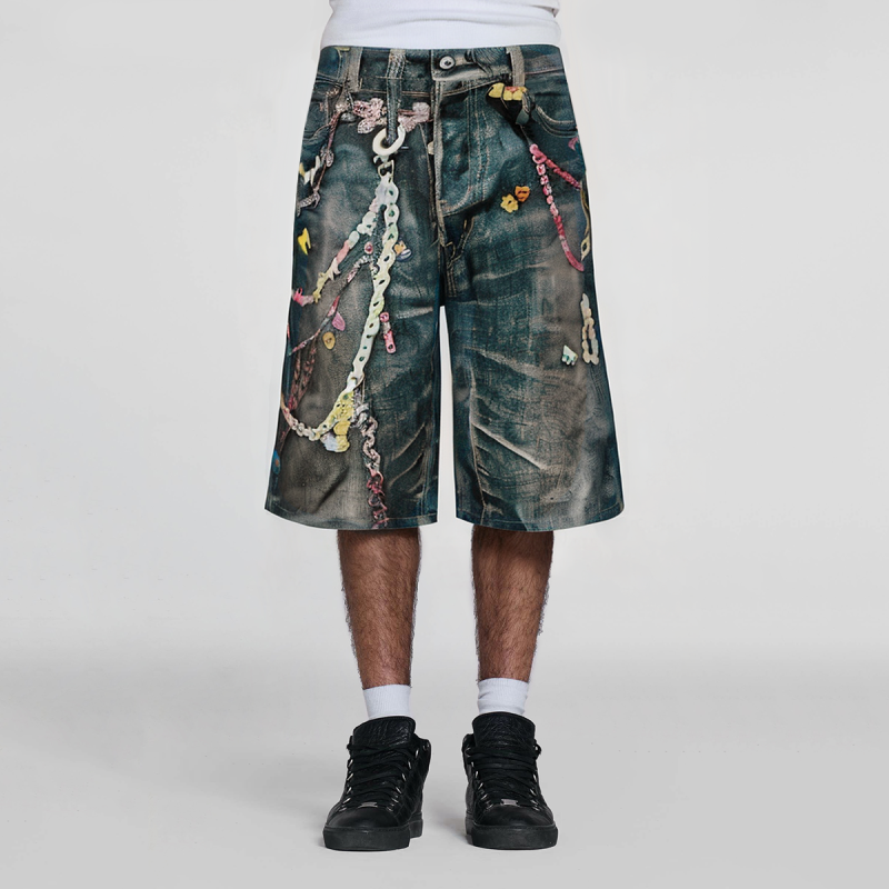 Digital Printed Loose Men's Denim Shorts - Image 4