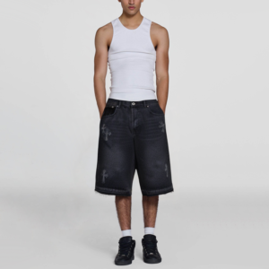 Vintage Washed Crisscross Loose Distressed Men's Denim Shorts