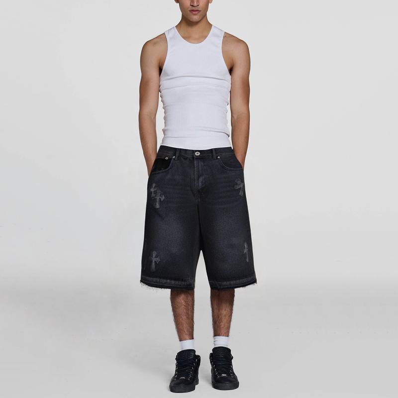 Vintage Washed Crisscross Loose Distressed Men's Denim Shorts