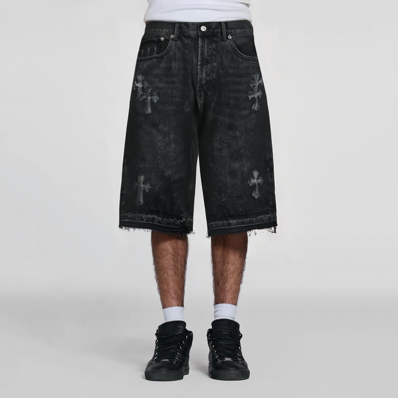 Vintage Washed Crisscross Loose Distressed Men's Denim Shorts - Image 4