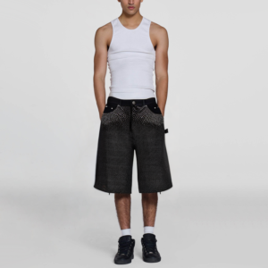 Full Rhinestone Print Distressed Spray Craft Loose Straight Men's Denim Shorts