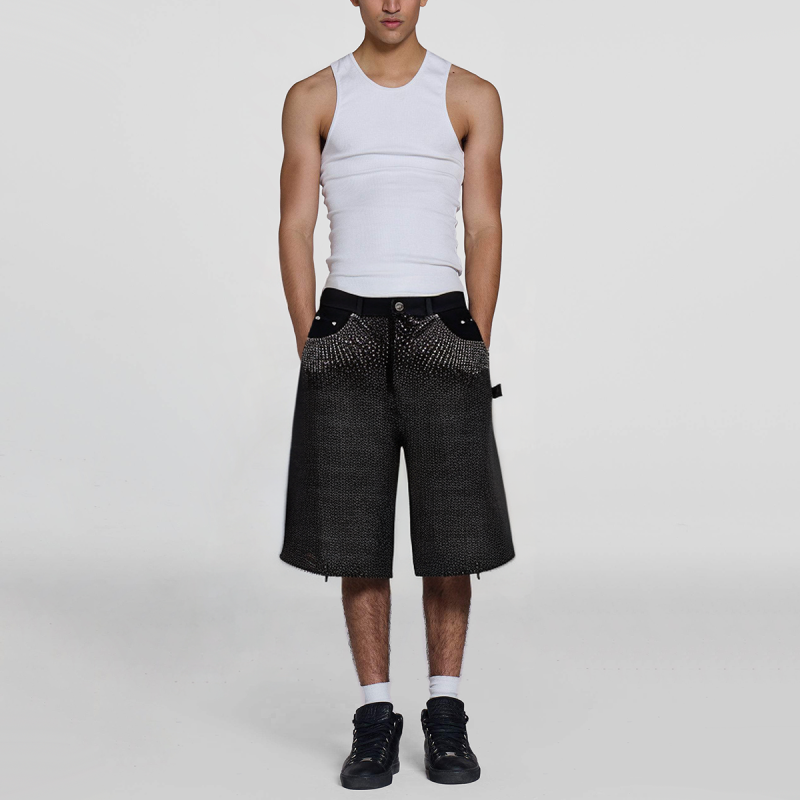 Full Rhinestone Print Distressed Spray Craft Loose Straight Men's Denim Shorts