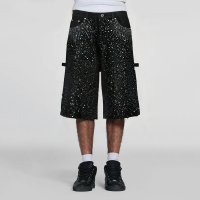 Full Rhinestone Print Distressed Spray Craft Loose Straight Men's Denim Shorts - Image 5