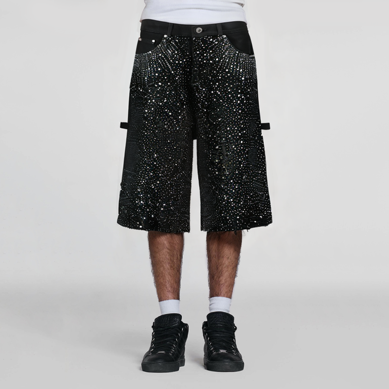 Full Rhinestone Print Distressed Spray Craft Loose Straight Men's Denim Shorts - Image 4