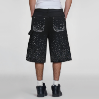Full Rhinestone Print Distressed Spray Craft Loose Straight Men's Denim Shorts - Image 3