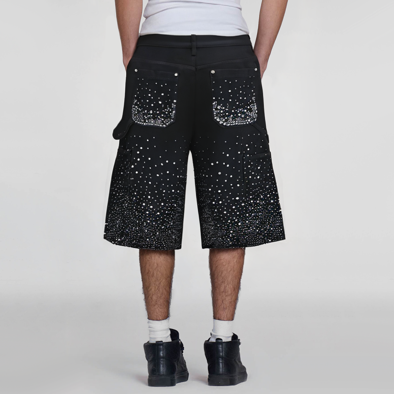 Full Rhinestone Print Distressed Spray Craft Loose Straight Men's Denim Shorts - Image 2