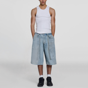 Fully rhinestone decorated 3D digital printing loose straight men's denim shorts