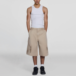 Thick Beaded Canvas Loose Work Shorts for Men Multi-Pocket Side Zipper Design