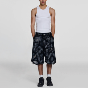 Loose fit distressed ripped men's wide leg denim shorts