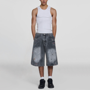 Canvas Full Color Rhinestone Sparkle Print Loose Men's Denim Shorts