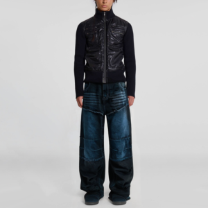 Double-layer knee-blocked 3D beard stitching loose fit men's wide-leg jeans