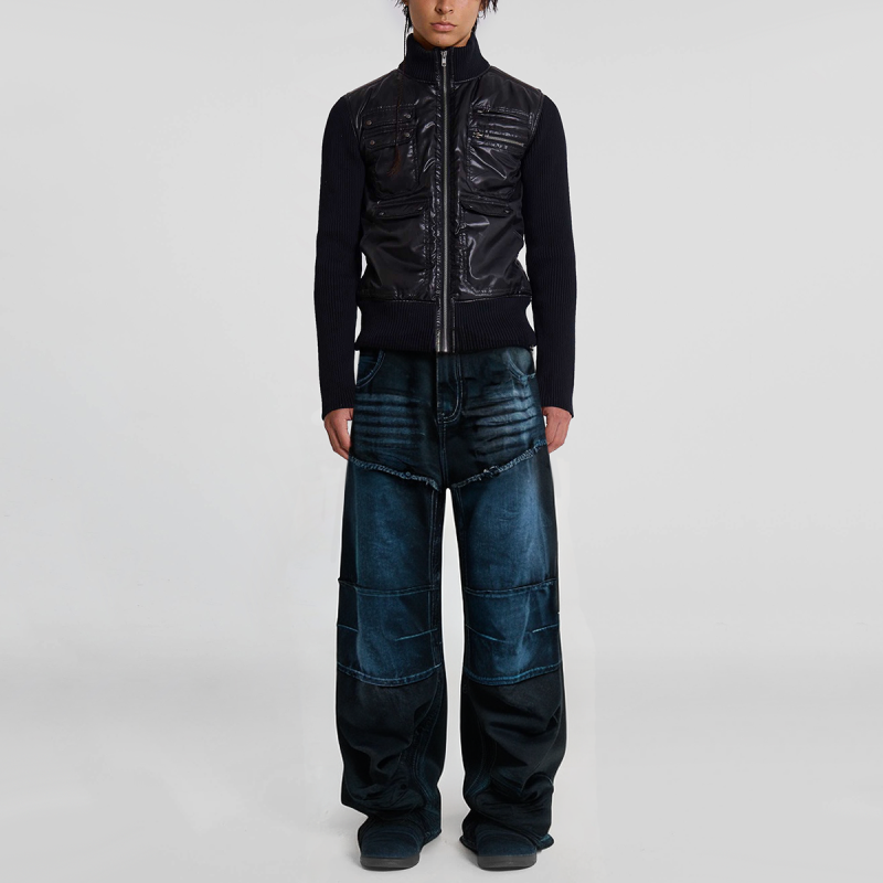 Double-layer knee-blocked 3D beard stitching loose fit men's wide-leg jeans