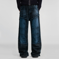 Double-layer knee-blocked 3D beard stitching loose fit men's wide-leg jeans - Image 5