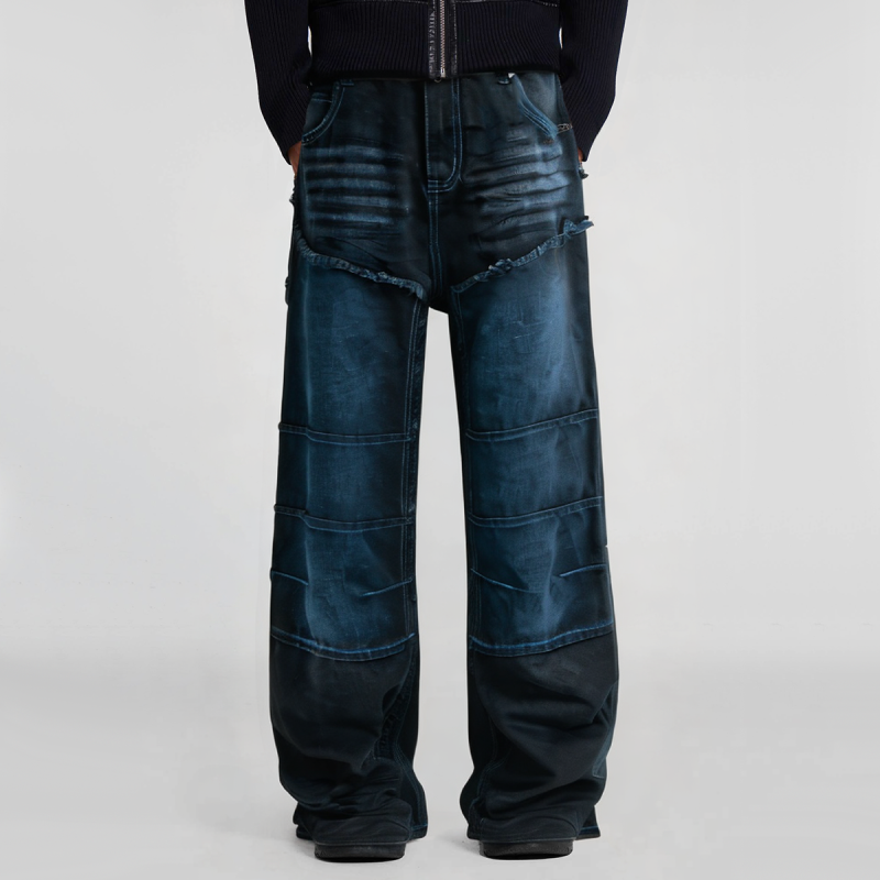 Double-layer knee-blocked 3D beard stitching loose fit men's wide-leg jeans - Image 4