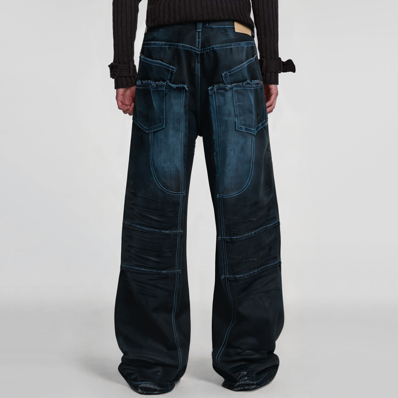 Double-layer knee-blocked 3D beard stitching loose fit men's wide-leg jeans - Image 2