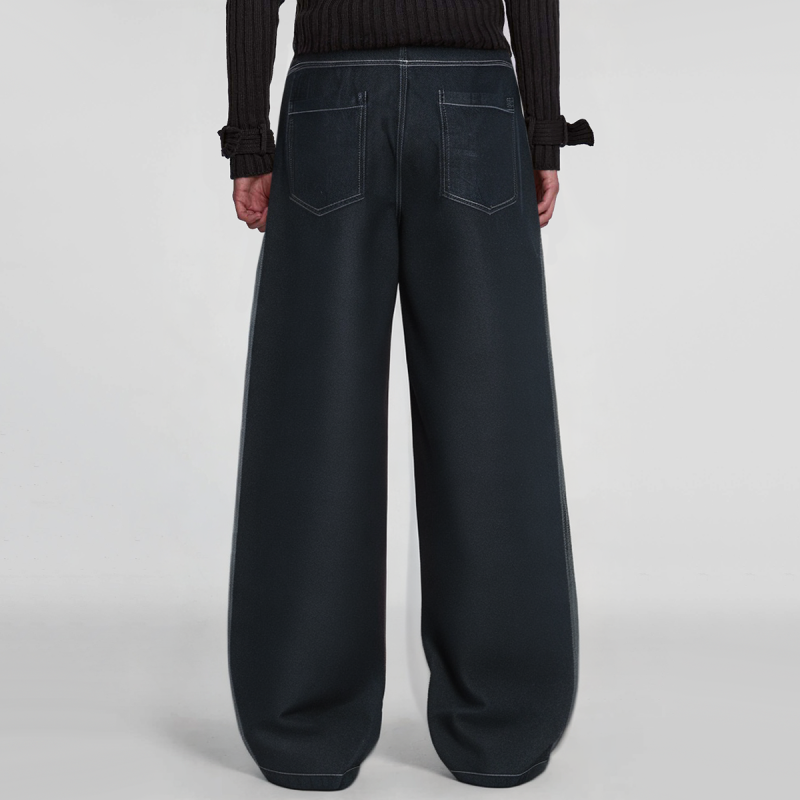 Denim Machete Curve Faded Pleated Loose Men's Wide Leg Jeans - Image 2