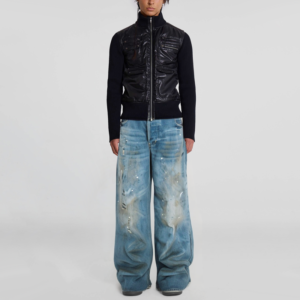 Vintage dirty wash paint splash distressed black loose wide leg men's jeans