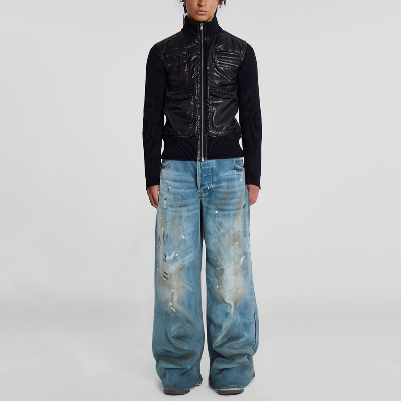 Vintage dirty wash paint splash distressed black loose wide leg men's jeans