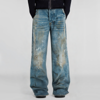 Vintage dirty wash paint splash distressed black loose wide leg men's jeans - Image 5