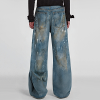 Vintage dirty wash paint splash distressed black loose wide leg men's jeans - Image 3