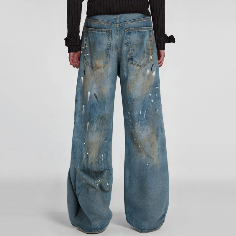 Vintage dirty wash paint splash distressed black loose wide leg men's jeans - Image 2
