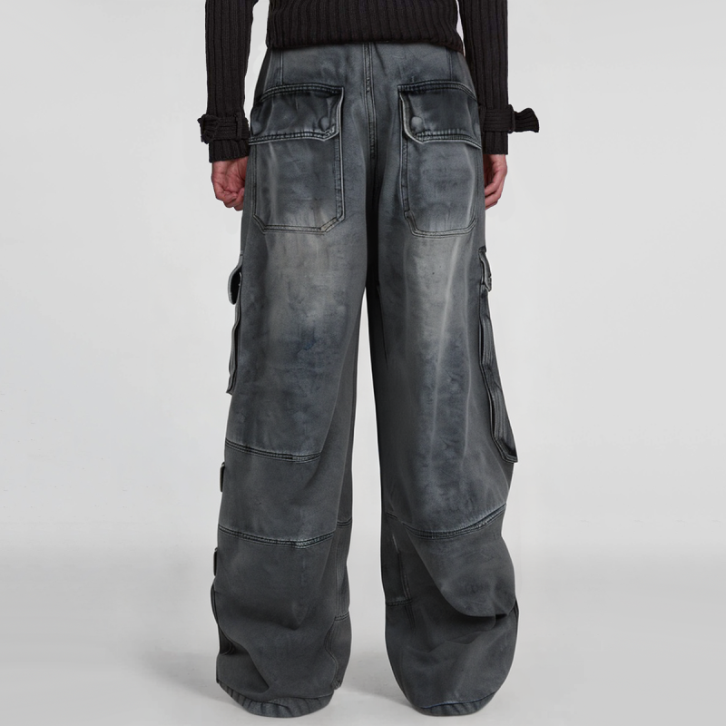 Vintage Washed Cargo 3D Pocket Loose Wide Leg Men's Cargo Jeans - Image 2