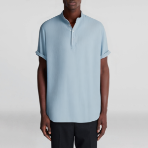 High-end fashion pure cotton striped short-sleeved button-down half-button high-low shirt