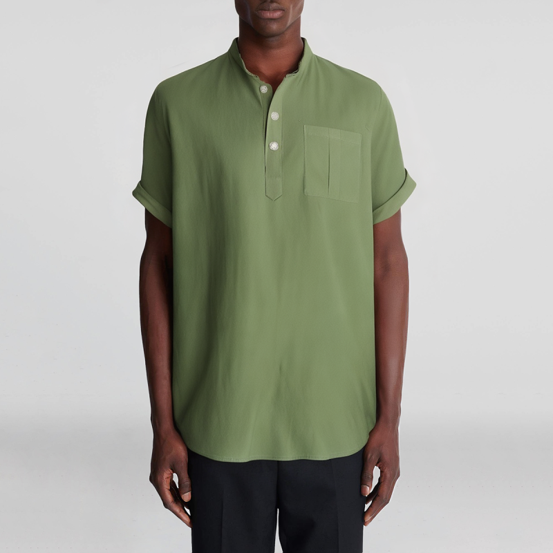 Stand collar slim fit men's casual cotton and linen solid color button down shirt