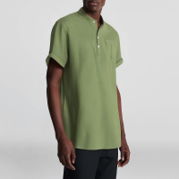 Stand collar slim fit men's casual cotton and linen solid color button down shirt - Image 5