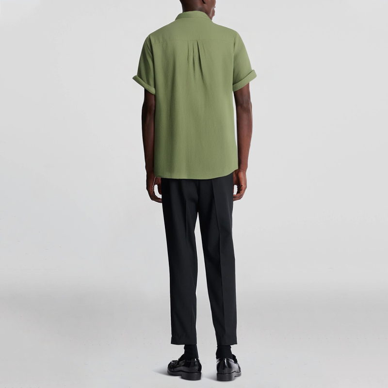 Stand collar slim fit men's casual cotton and linen solid color button down shirt - Image 2